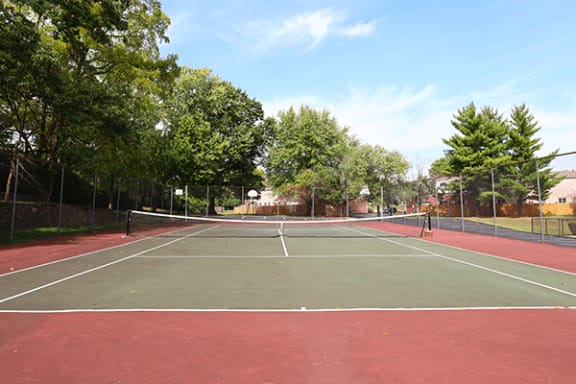 a tennis court with trees and a fence around it