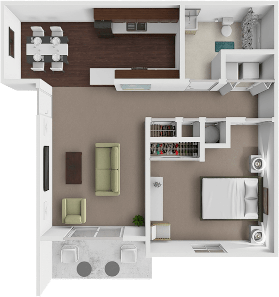 A 3D floor plan of a house with a kitchen, living room, and dining area.