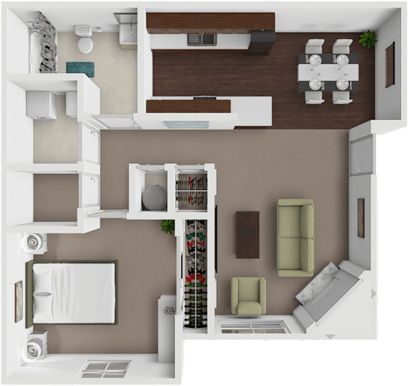 A 3D rendered image of a modern apartment layout.