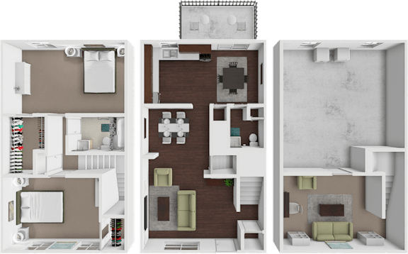 A 3D floor plan of a house with a kitchen, living room, and bathroom.