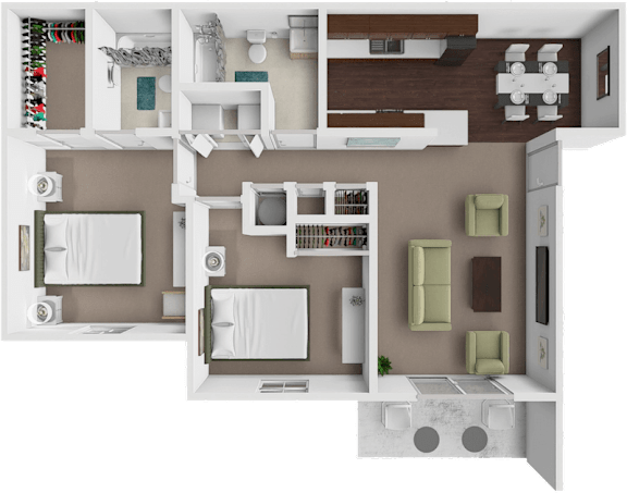 A 3D floor plan of a house showing a kitchen, living room, and bathroom.