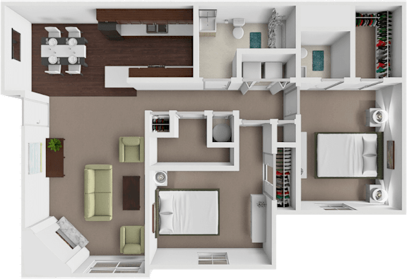 A 3D rendered image of a modern apartment layout.