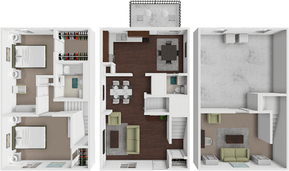 A 3D floor plan of a house with three different rooms.