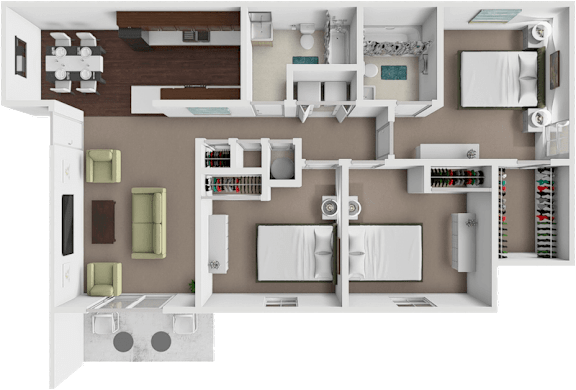 A 3D floor plan of a house showing a kitchen, living room, and bathroom.