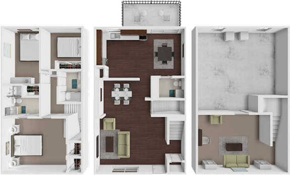A 3D floor plan of a house with three rooms.