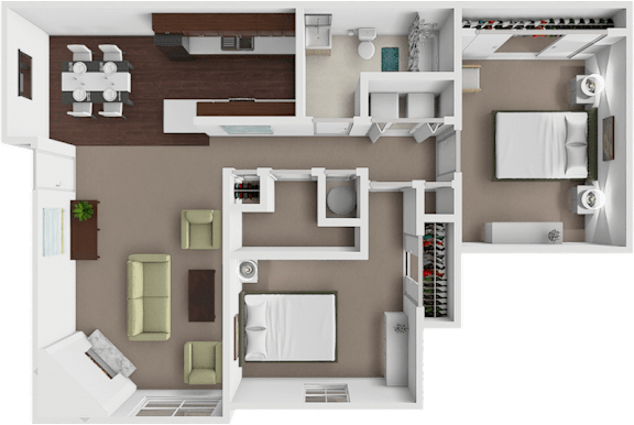 A top-down view of a modern apartment layout with a kitchen, living room, and bedroom.