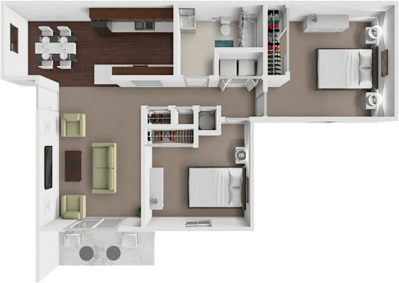 A 3D floor plan of a house showing a kitchen, living room, and two bedrooms.