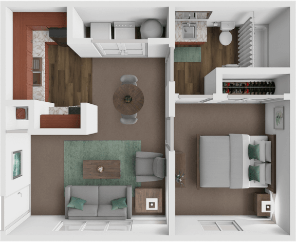 a 3d rendering of a floor plan with a living room and a dining room