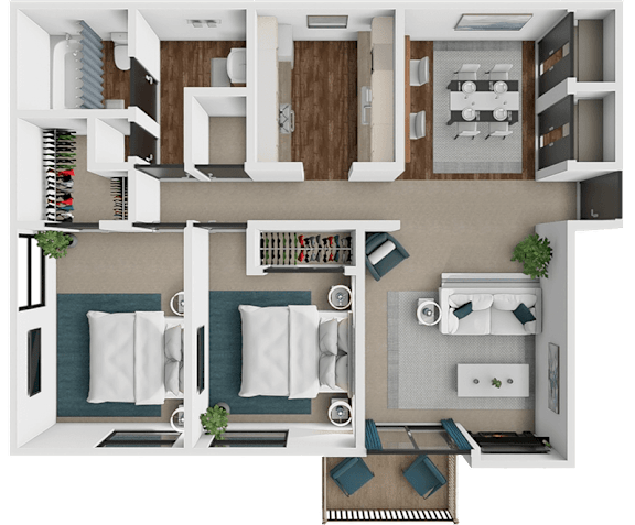 A top-down view of a modern apartment layout with a kitchen, living room, and bedroom.