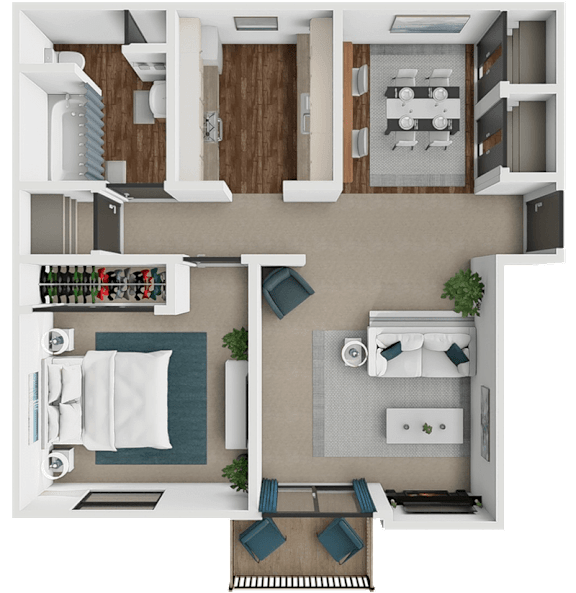 A top-down view of a modern apartment layout with a kitchen, living room, dining area, and a potted plant.