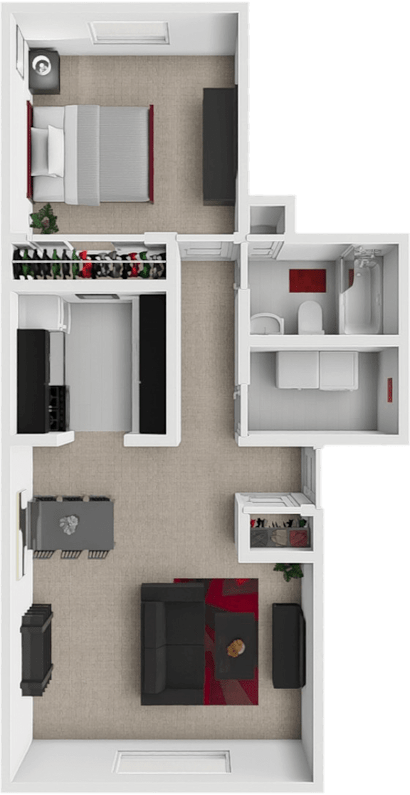 A floor plan of a small apartment with a kitchen, living room, and bathroom.