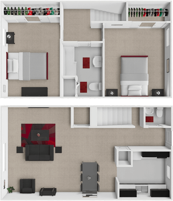Floor Plan  A 3D floor plan of a house with a kitchen, living room, and bathroom.