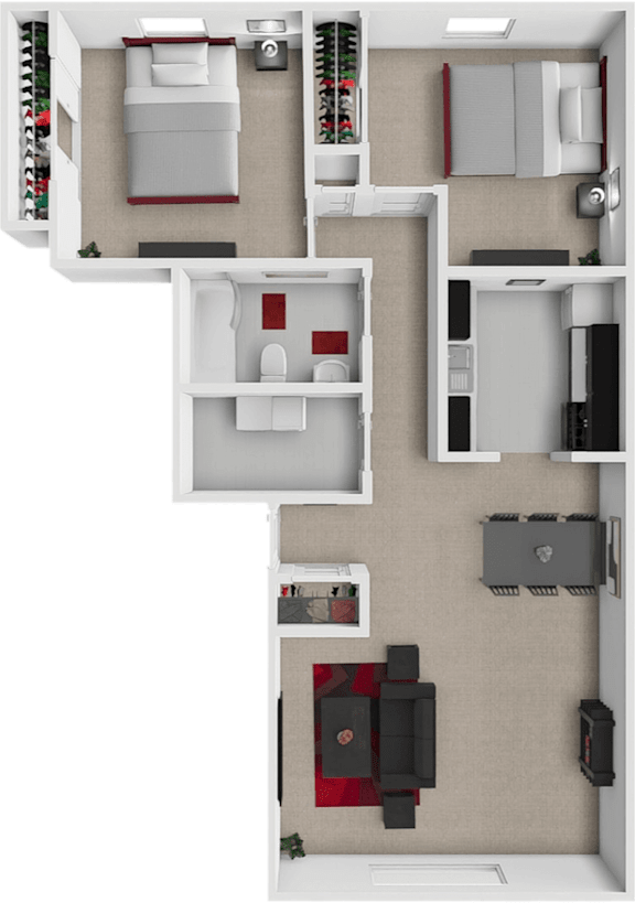 A 3D floor plan of a house showing a kitchen, living room, dining area, and bedrooms.