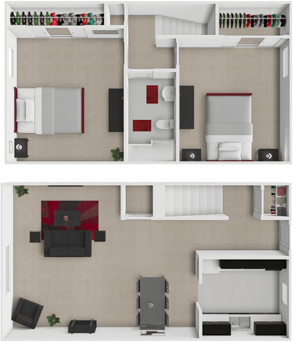 A top-down view of a small apartment with a kitchen, living room, and bedroom.