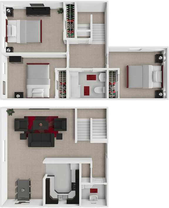 A 3D floor plan of a house with a kitchen, living room, and bathroom.