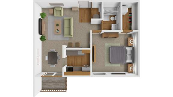 A top-down view of a house layout with a living room, kitchen, and bedrooms.