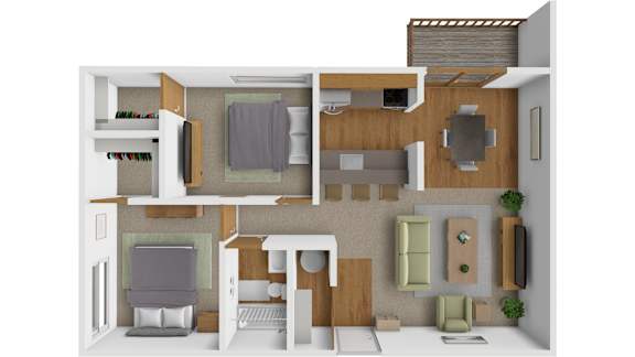 A 3D rendered image of a modern apartment layout.