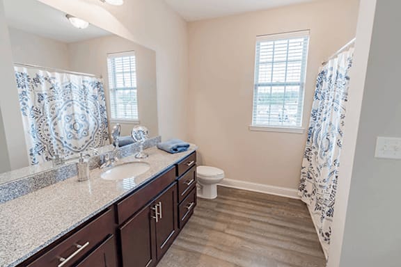 A bathroom with a toilet, sink, and shower curtain.