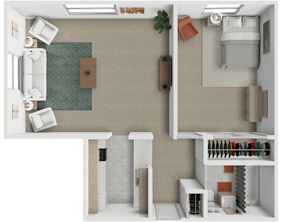 A 1 bed 1 bath 3D floor plan at Westview Apartments