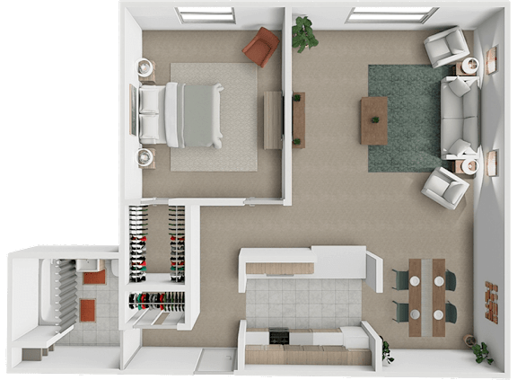 Floor Plan  A 1 bed 1 bath 3D floor plan at Westview Apartments