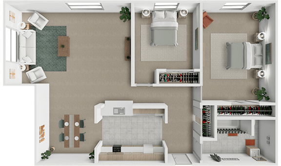 A 2 bed 1 bath 3D floor plan at Westview Apartments