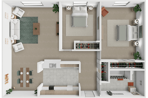 A 2 bed 1 bath 3D floor plan at Westview Apartments