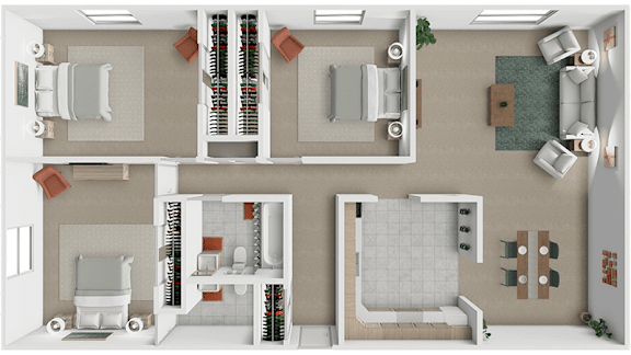 A 3 bed 1.5 bath 3D floor plan at Westview Apartments