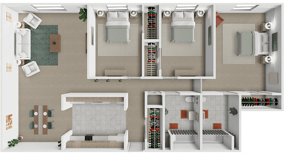 A 3 bed 2 bath 3D floor plan at Westview Apartments