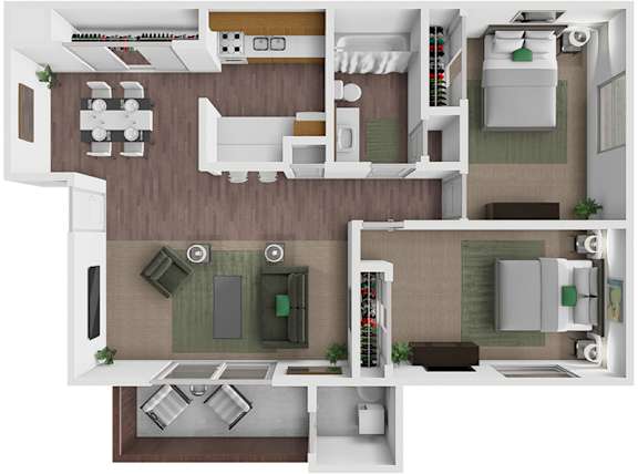 A top-down view of a small apartment layout with a kitchen, living room, and bathroom.