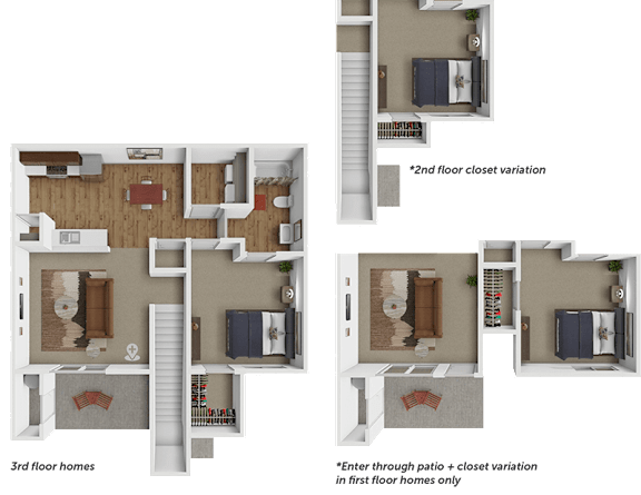 A diagram shows three different floor plans for homes with variations in the second floor closets.