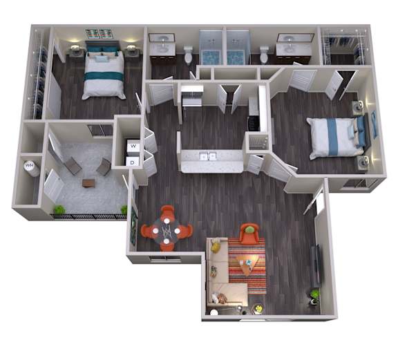 A 3D floor plan of a house with labeled rooms.