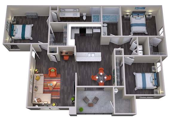 A top-down view of a small apartment with a kitchen, living room, and bedroom.