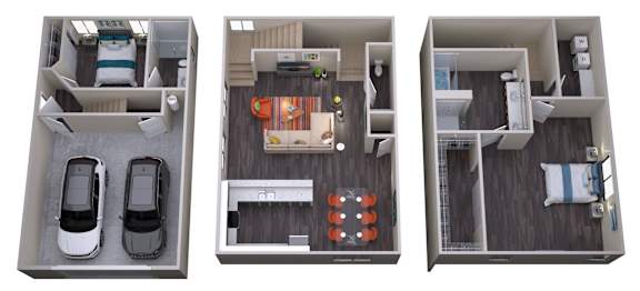 Three different layouts of a small apartment are shown.