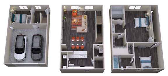 Three different layouts of a bedroom with a carpeted floor and a bed with a pillow.