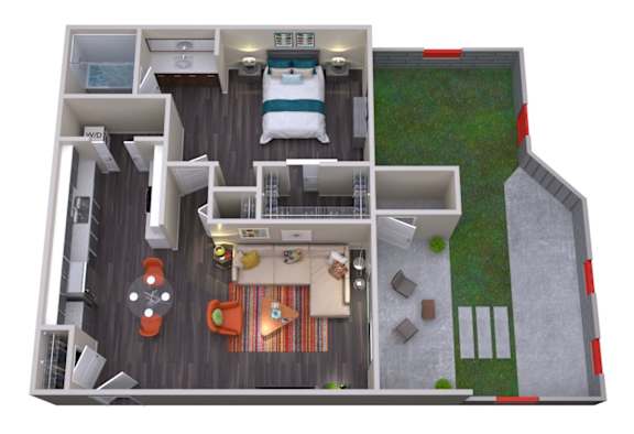 A 3D rendered image of a small apartment layout.