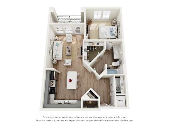 A 3D floorplan of an apartment at The Lofts at Seacrest Beach.