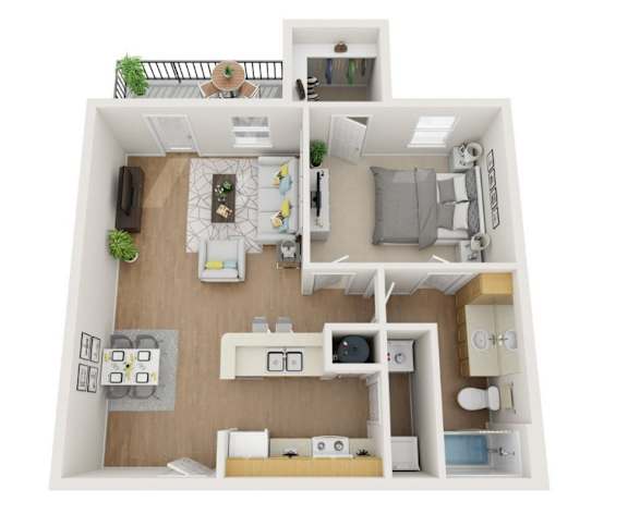 A top-down view of a small apartment with a kitchen, living room, and bedroom.