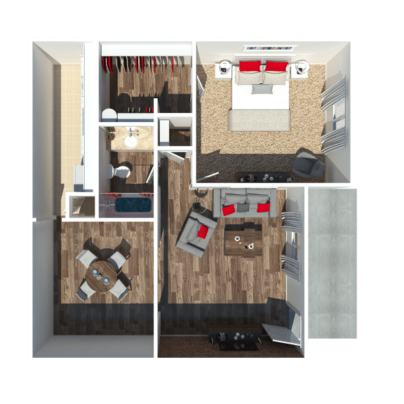 a stylized rendering of a bedroom with a wood floor