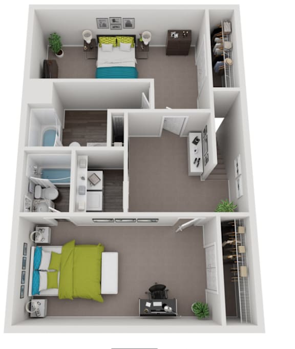 A 3D floor plan of a small apartment with two bedrooms and a living area.