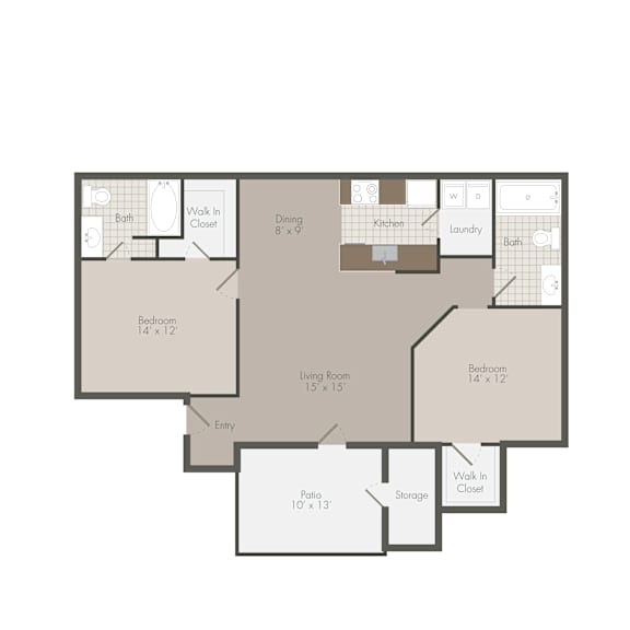 A floor plan of a house with a living room, two bedrooms, a dining room, kitchen, laundry, and bathrooms.