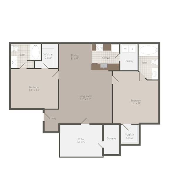 A floor plan of a house with a living room, two bedrooms, a bathroom, a kitchen, a dining area, a laundry room, a patio, and storage space.