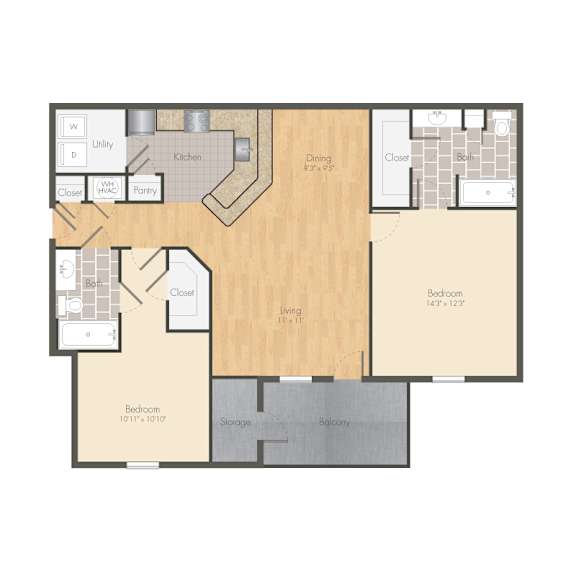 A floor plan of a house with a kitchen, dining room, living room, and two bedrooms.