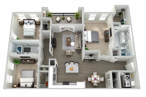 A top-down view of a house layout with a central living area, bedrooms, and a kitchen.