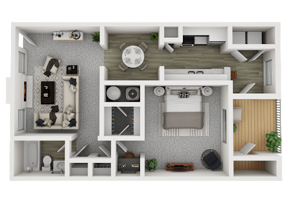 A 3D floor plan of a small apartment with a kitchen, living room, and bedroom.