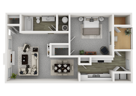 A 3D rendered image of a modern apartment layout.