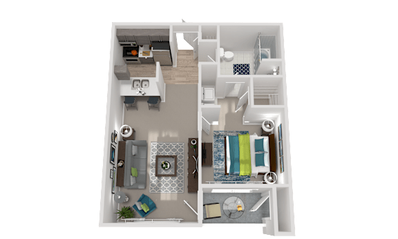 A 3D floor plan of a house with a kitchen, living room, and bathroom.