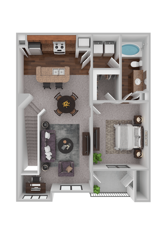 A floor plan of a small apartment with a kitchen, living room, and bathroom.