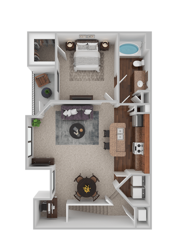 A top-down view of a small apartment with a living room, kitchen, and bathroom.