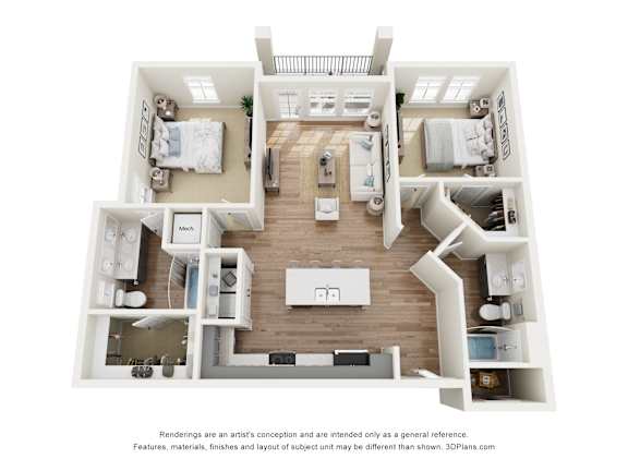 A 3D floor plan of an apartment at Lofts at Seacrest Beach.
