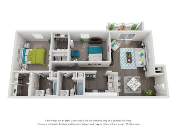 A 3D floor plan of a small apartment with a kitchen, living room, and bathroom.